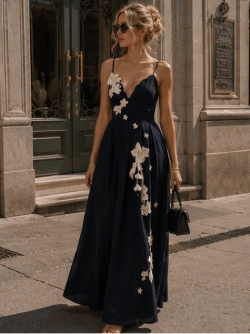 Agua by Agua Bendita Navy Maxi Dress with Ivory Floral Appliqués - Picture 7 of 16